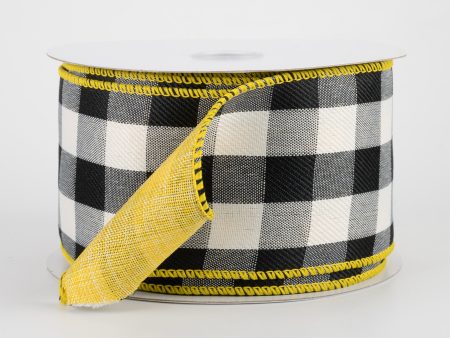 2.5  Two Sided Buffalo Plaid & Linen Ribbon: Black, White, Yellow (10 Yards) For Sale