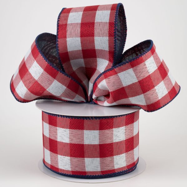 2.5  Two Sided Buffalo Plaid & Linen Ribbon: Red, White & Navy (10 Yards) on Sale