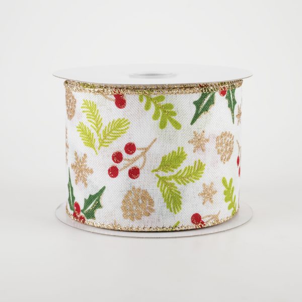 2.5  White Linen Berries Ribbon: Red, Gold, Green (10 Yards) Online Sale