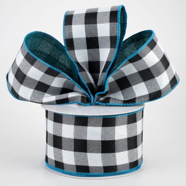 2.5  Two Sided Buffalo Plaid & Linen Ribbon: Black, White, Teal (10 Yards) Hot on Sale