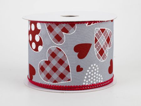 2.5  Variety Patterned Hearts Ribbon: Grey & Crimson (10 Yards) Online Sale