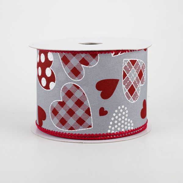 2.5  Variety Patterned Hearts Ribbon: Grey & Crimson (10 Yards) Online Sale