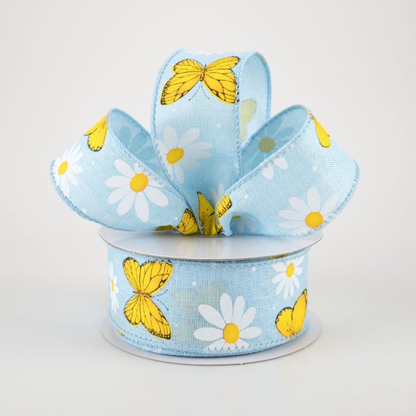 1.5  Daisies & Butterflies Linen Ribbon: Light Blue (10 Yards) For Cheap