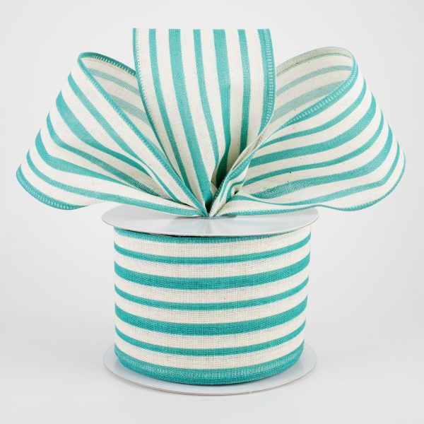 2.5  Vertical Variated Stripes Ribbon: Ivory & Teal (10 Yards) Hot on Sale