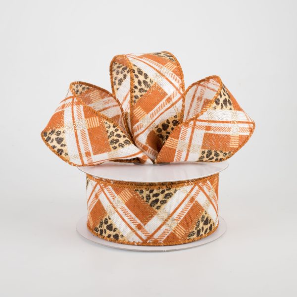 1.5  Cheetah Argyle Plaid Linen Ribbon: Orange & Ivory (10 Yards) For Cheap