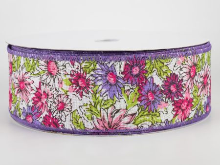 2.5  Watercolor Daisies Ribbon: Pink & Purple (50 Yards) For Cheap