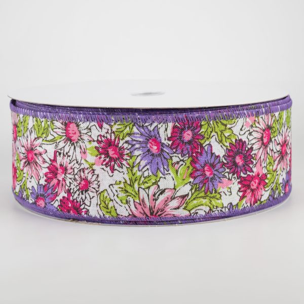 2.5  Watercolor Daisies Ribbon: Pink & Purple (50 Yards) For Cheap