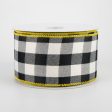 2.5  Two Sided Buffalo Plaid & Linen Ribbon: Black, White, Yellow (10 Yards) For Sale