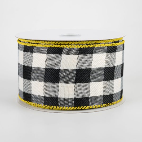 2.5  Two Sided Buffalo Plaid & Linen Ribbon: Black, White, Yellow (10 Yards) For Sale