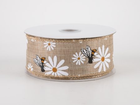 1.5  Daisies & Bees Ribbon: Natural Linen (10 Yards) For Cheap