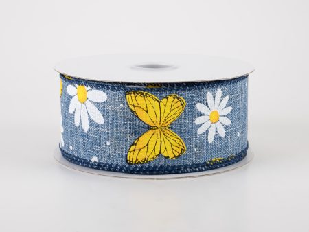 1.5  Daisies & Butterflies Linen Ribbon: Denim Blue (10 Yards) For Sale