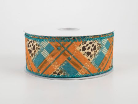 1.5  Cheetah Argyle Plaid Satin Ribbon: Teal & Orange (10 Yards) For Cheap