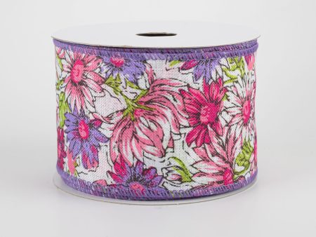 2.5  Watercolor Daisies Ribbon: Pink & Purple (10 Yards) Sale