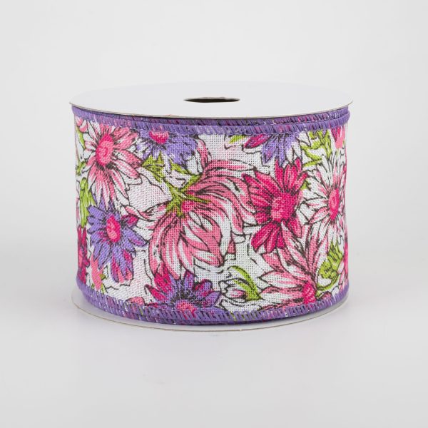 2.5  Watercolor Daisies Ribbon: Pink & Purple (10 Yards) Sale