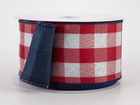 2.5  Two Sided Buffalo Plaid & Linen Ribbon: Red, White & Navy (10 Yards) on Sale