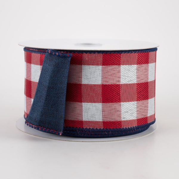 2.5  Two Sided Buffalo Plaid & Linen Ribbon: Red, White & Navy (10 Yards) on Sale