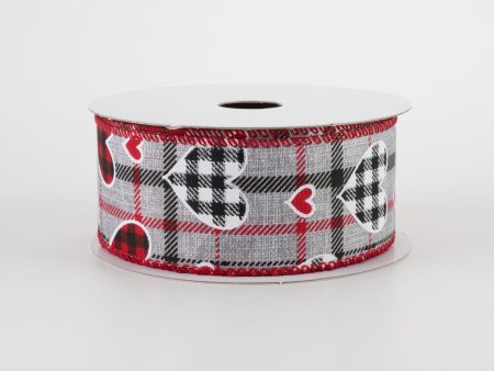 1.5  Buffalo Plaid Hearts on Plaid Ribbon: Grey, Black, Red (10 Yards) on Sale