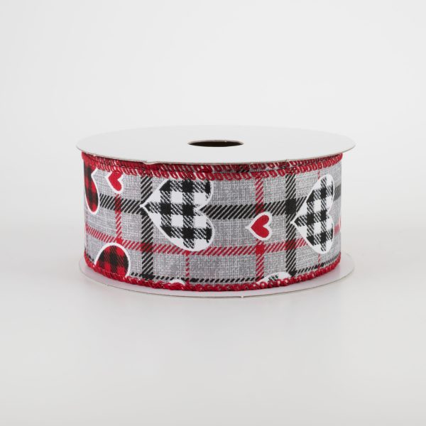 1.5  Buffalo Plaid Hearts on Plaid Ribbon: Grey, Black, Red (10 Yards) on Sale