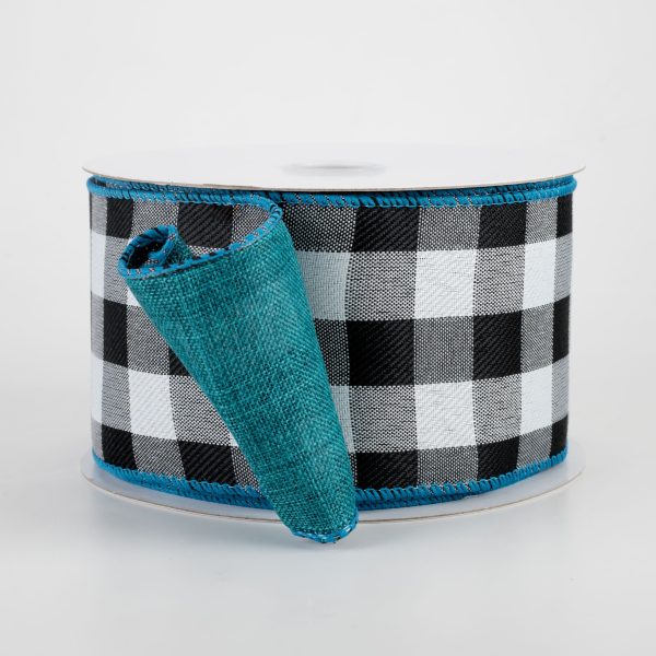 2.5  Two Sided Buffalo Plaid & Linen Ribbon: Black, White, Teal (10 Yards) Hot on Sale