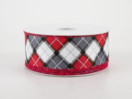 1.5  Claire Plaid Ribbon: White, Red, Grey (10 Yards) Sale