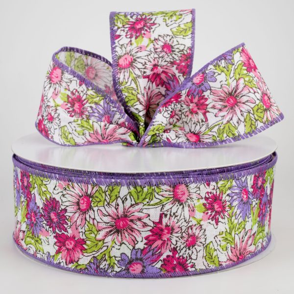 2.5  Watercolor Daisies Ribbon: Pink & Purple (50 Yards) For Cheap