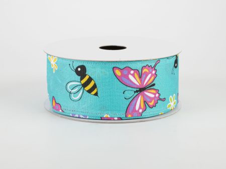 1.5  Butterflies & Bees Ribbon: Teal (10 Yards) Hot on Sale