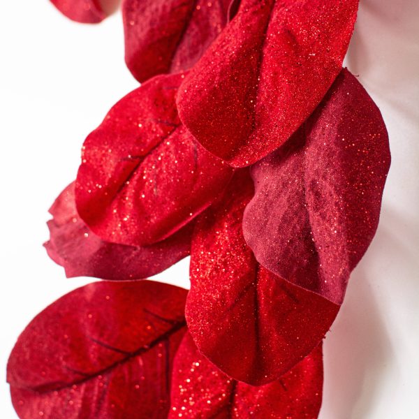 6  Flocked Glitter Magnolia Leaves Garland: Red Online Sale