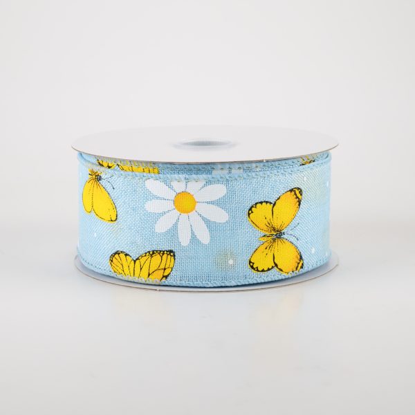 1.5  Daisies & Butterflies Linen Ribbon: Light Blue (10 Yards) For Cheap