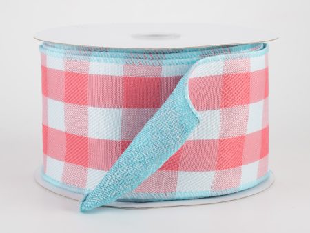 2.5  Two Sided Buffalo Plaid & Linen Ribbon: Coral, White, Aqua (10 Yards) on Sale