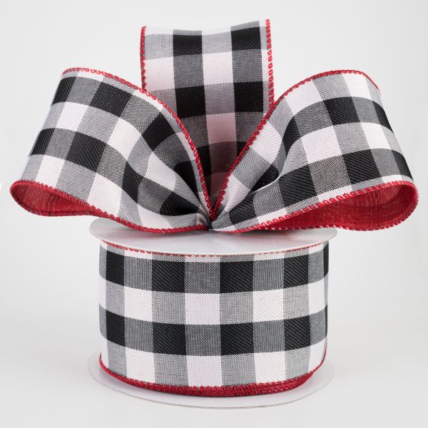 2.5  Two Sided Buffalo Plaid & Linen Ribbon: Black, White, Red (10 Yards) Online