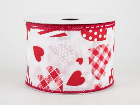 2.5  Variety Patterned Hearts Ribbon: White & Red (10 Yards) For Discount