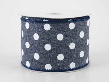 2.5  Stiff Linen Polka Dot Ribbon: Navy Blue (10 Yards) Online now