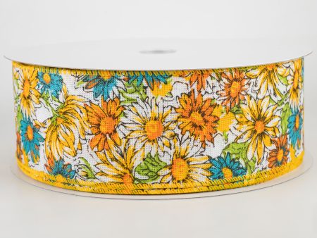 2.5  Watercolor Daisies Ribbon: Yellow & Teal (50 Yards) For Discount