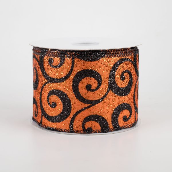 2.5  Ultra Glitter Swirls Ribbon: Orange & Black (10 Yards) For Cheap