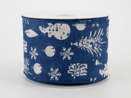 2.5  Stamped Christmas Icons Ribbon: Navy & Ivory (10 Yards) Discount