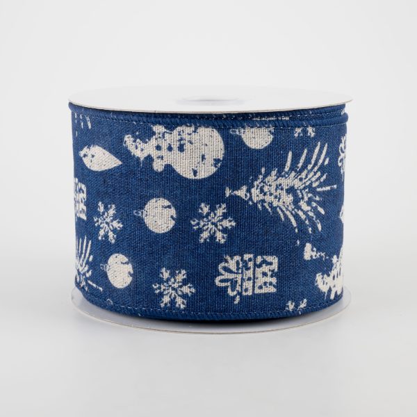 2.5  Stamped Christmas Icons Ribbon: Navy & Ivory (10 Yards) Discount