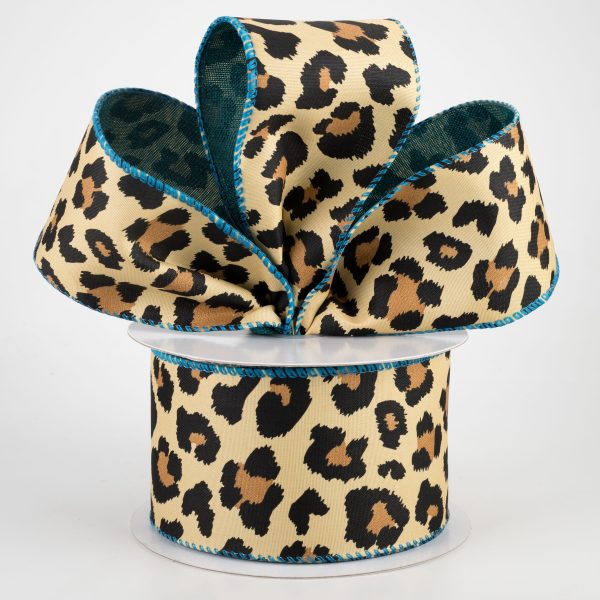 2.5  Two Sided Cheetah Print & Linen Ribbon: Teal (10 Yards) For Sale