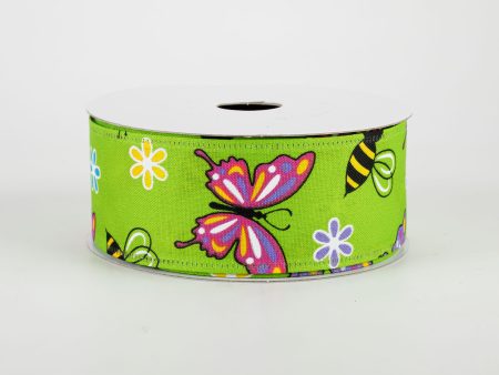 1.5  Butterflies & Bees Ribbon: Lime (10 Yards) on Sale