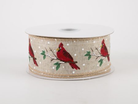 1.5  Natural Linen Cardinal On Branches Ribbon (10 Yards) on Sale