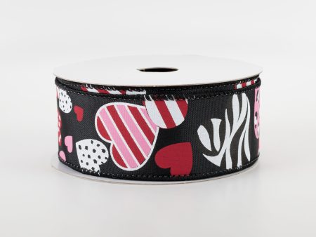 1.5  Cheetah, Zebra, Dot, Stripe Hearts Ribbon: Black (10 Yards) Supply