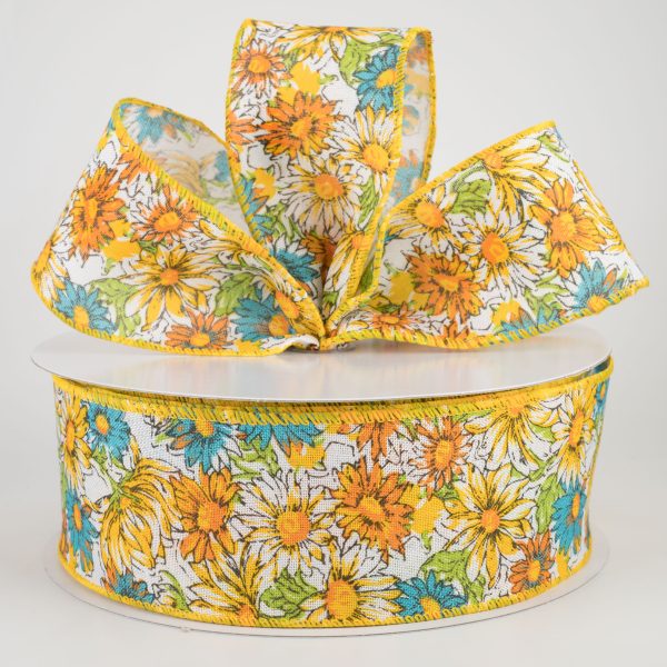 2.5  Watercolor Daisies Ribbon: Yellow & Teal (50 Yards) For Discount