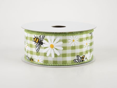 1.5  Daisies & Bees Ribbon: Sage Green Gingham (10 Yards) For Sale