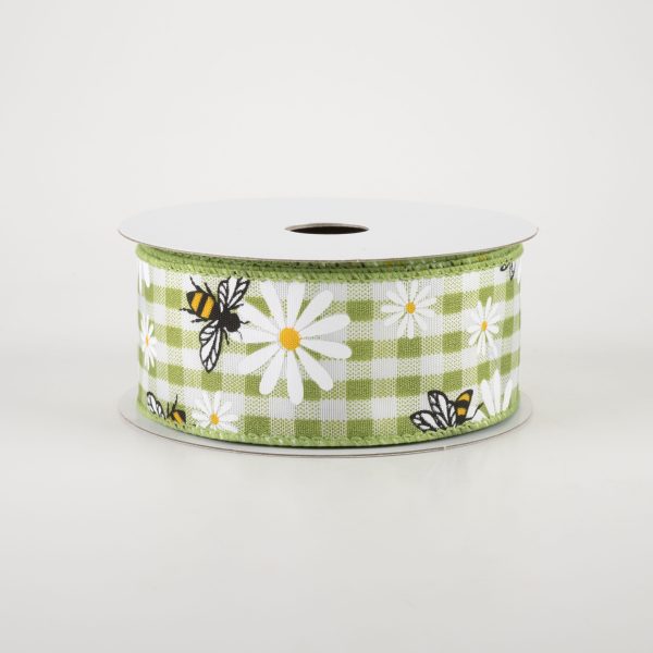 1.5  Daisies & Bees Ribbon: Sage Green Gingham (10 Yards) For Sale