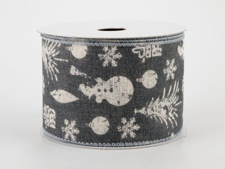 2.5  Stamped Christmas Icons Ribbon: Grey & Ivory (10 Yards) For Sale