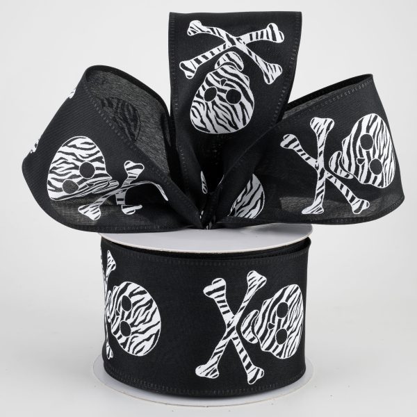 2.5  Zebra Stripe Skull & Crossbone Satin Ribbon: Black (10 Yards) Online now