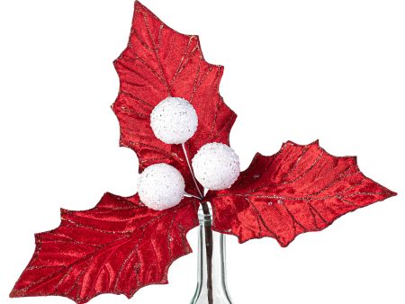 13  Velvet Holly Leaf Pick: Red & White Online Hot Sale