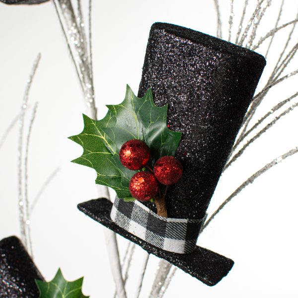 40  Glitter Plaid Snowman Top Hat Spray Sale