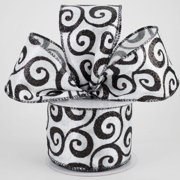 2.5  Ultra Glitter Swirls Ribbon: Black & White (10 Yards) For Sale