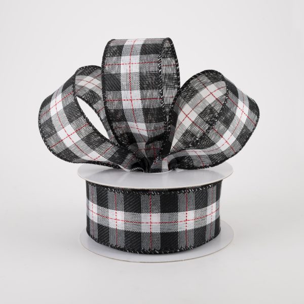 1.5  Black & White Buffalo Plaid Ribbon: Red Stitching (10 Yards) Online Sale