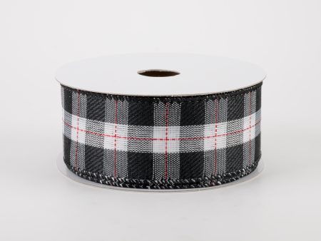 1.5  Black & White Buffalo Plaid Ribbon: Red Stitching (10 Yards) Online Sale